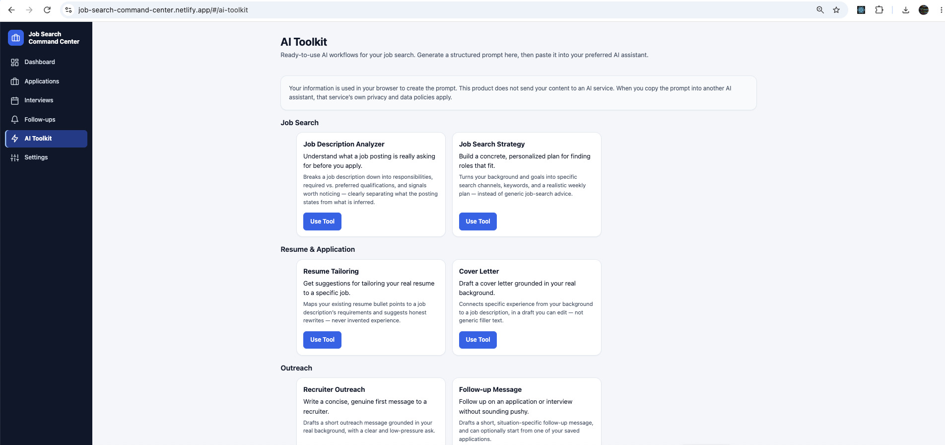 AI Toolkit page listing ready-to-use tools grouped under Job Search, Resume and Application, and Outreach, each with a Use Tool button.