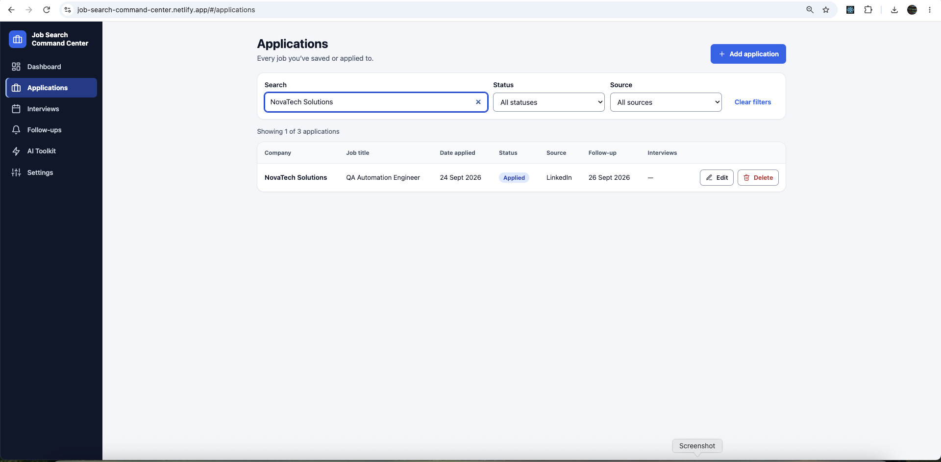Applications page with a search box, status and source filters, and a table of applications with Edit and Delete actions.