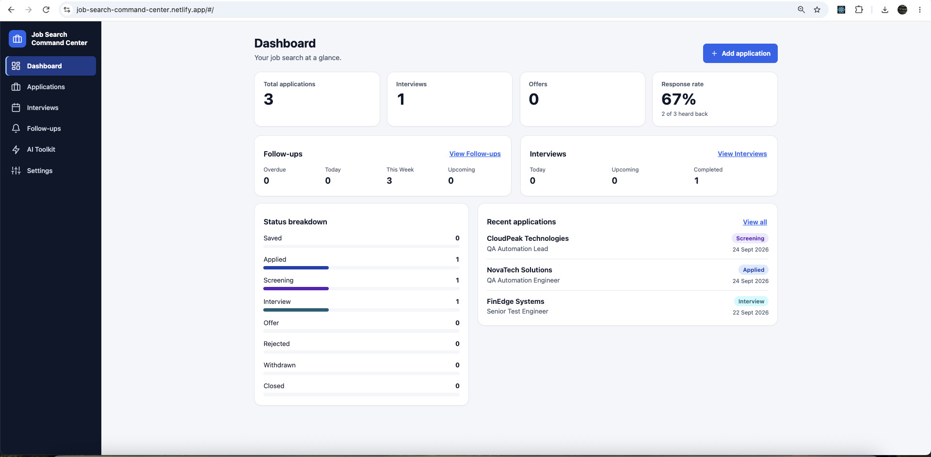 Job Search Command Center dashboard with total applications, interviews, offers and response rate, follow-up and interview summaries, a status breakdown and recent applications.