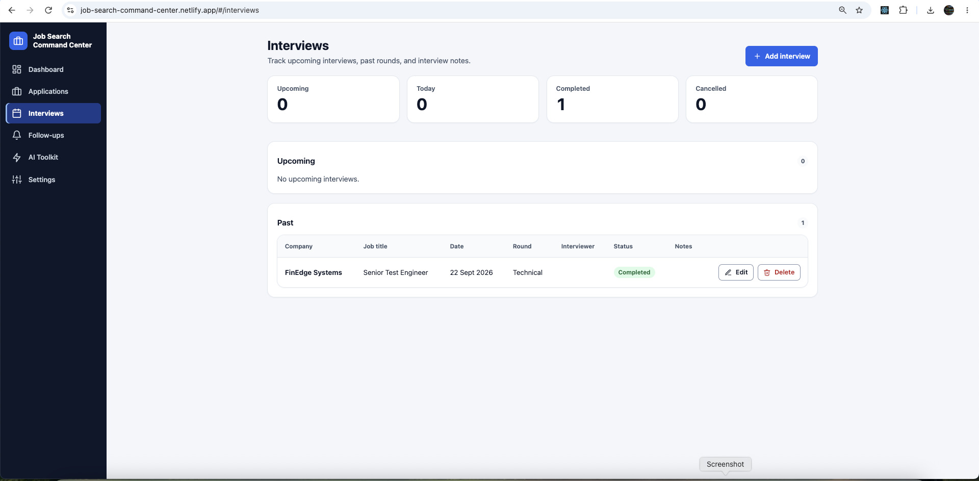Interviews page with upcoming, today, completed and cancelled counts, an Upcoming list and a table of past interviews.