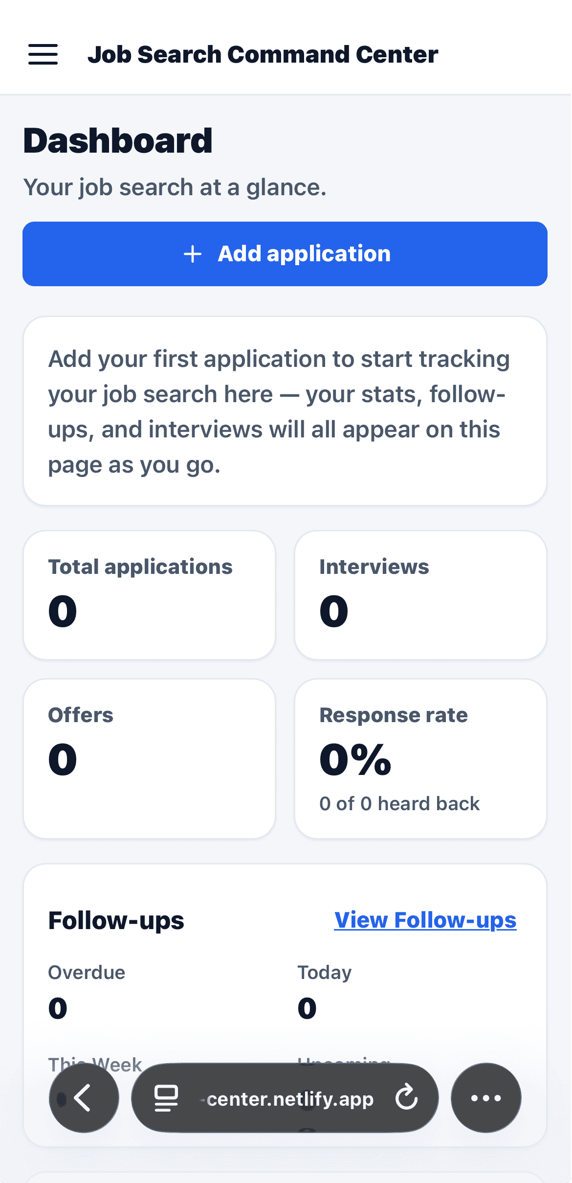 Job Search Command Center dashboard on a phone, with an Add application button and summary cards for applications, interviews, offers and response rate.